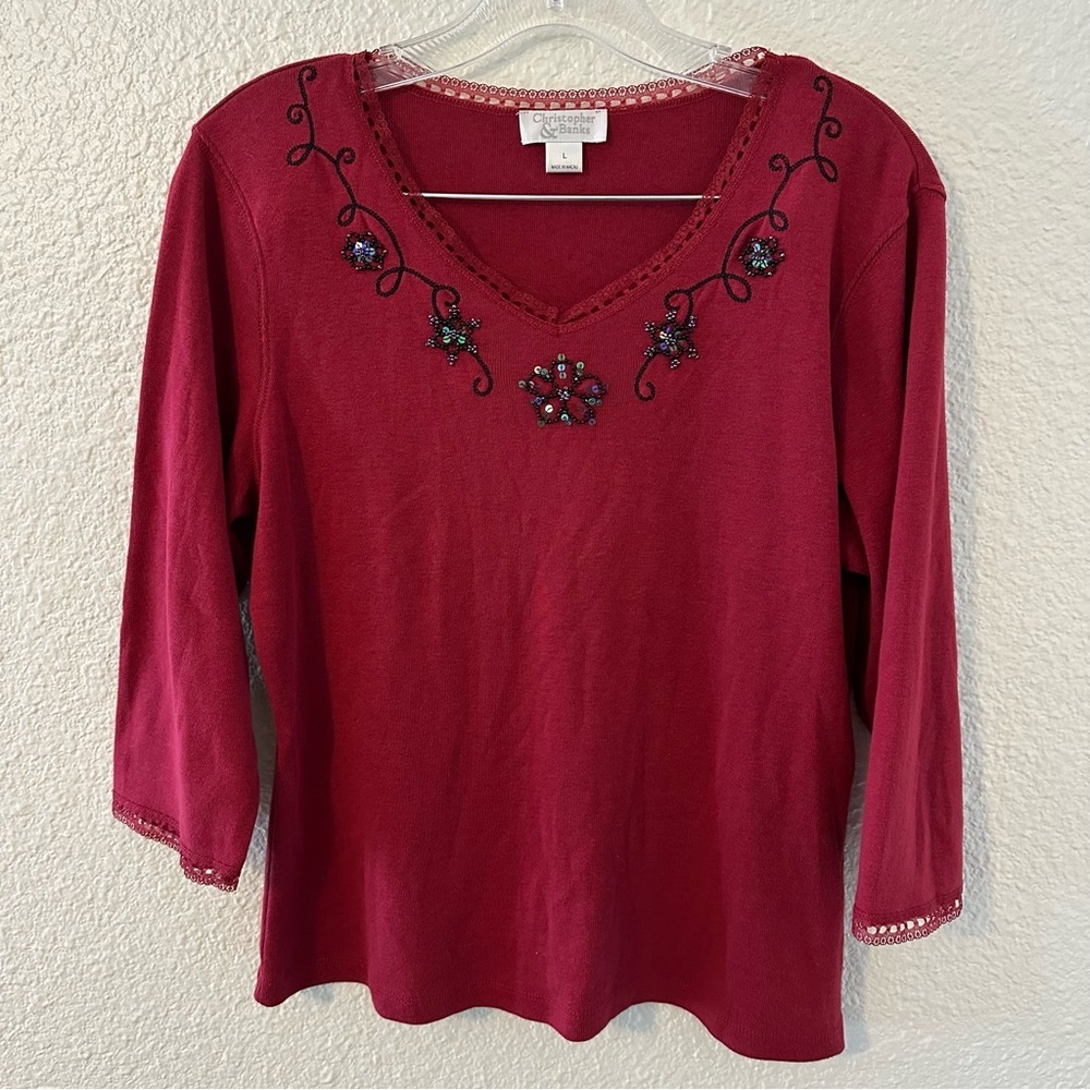 C&B Red Beaded Embroidered Lace Detail Women’s Quarter Sleeve Top